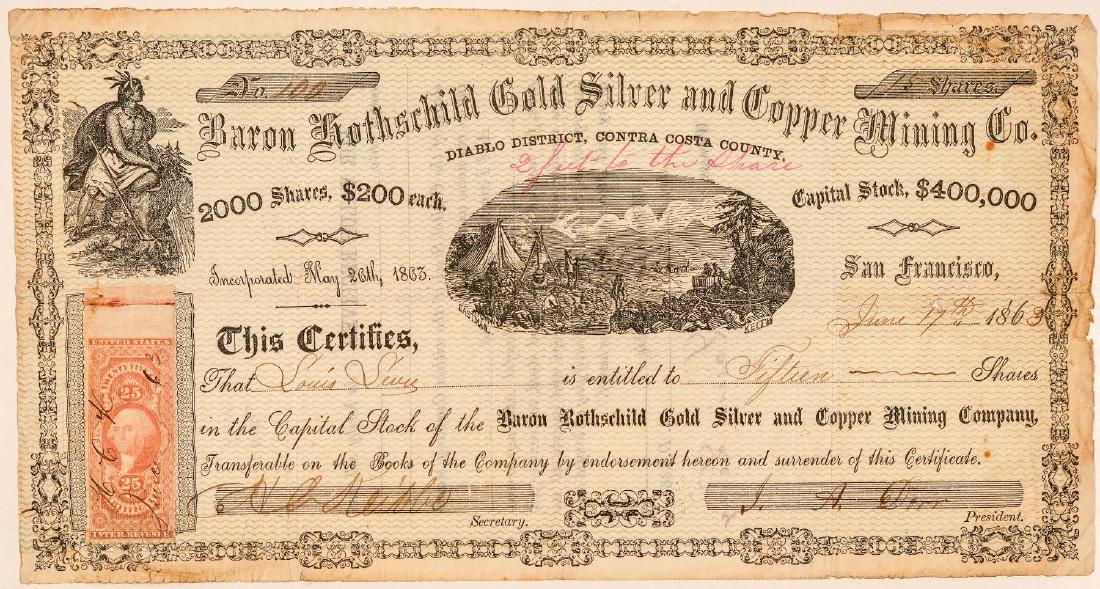 Baron Rothschild Gold, Silver, & Copper Mining Co.: With a William Keith woodblock vignette! Diablo District, Contra Costa County (printed under title). Inc. May 26th, 1863. No. 100, issued for fifteen shares to Louis Levy on June 17th, 1863. Signed by
