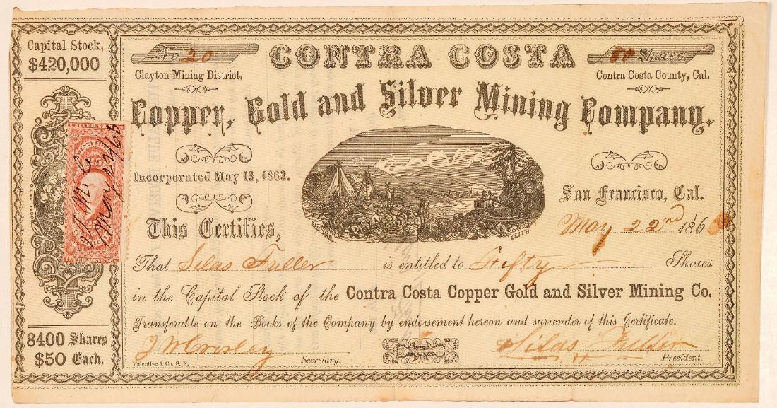Contra Costa Copper, Gold & Silver Mining Co. Stock: With a William Keith woodblock vignette! Clayton Mining District, Contra Costa County, Cal. (printed along the top). Inc. May 13, 1863. No. 20, issued for 50 shares to company president Silas Fuller o