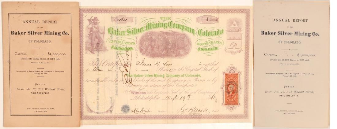 Baker Silver MC of Colorado Stock Certificate signed by: Stock Certificate from the Baker Silver MC of Colorado Stock Certificate signed by Edwin Booth, Brother of John Wilkes Booth, Lincoln Assassin with 1868 Annual Report from Company, incorporated in 186
