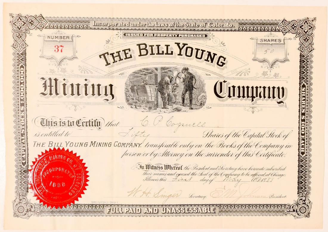 Bill Young Mining Company Stock Certificate (91560): Inc. in Colorado. No. 37, issued for 50 shares to C.P. Cogwell on May 1st, 1888. Signed by president E.M. Johnson and secretary W.H. Singer. Not cancelled. Black border, red seal, and underground mini