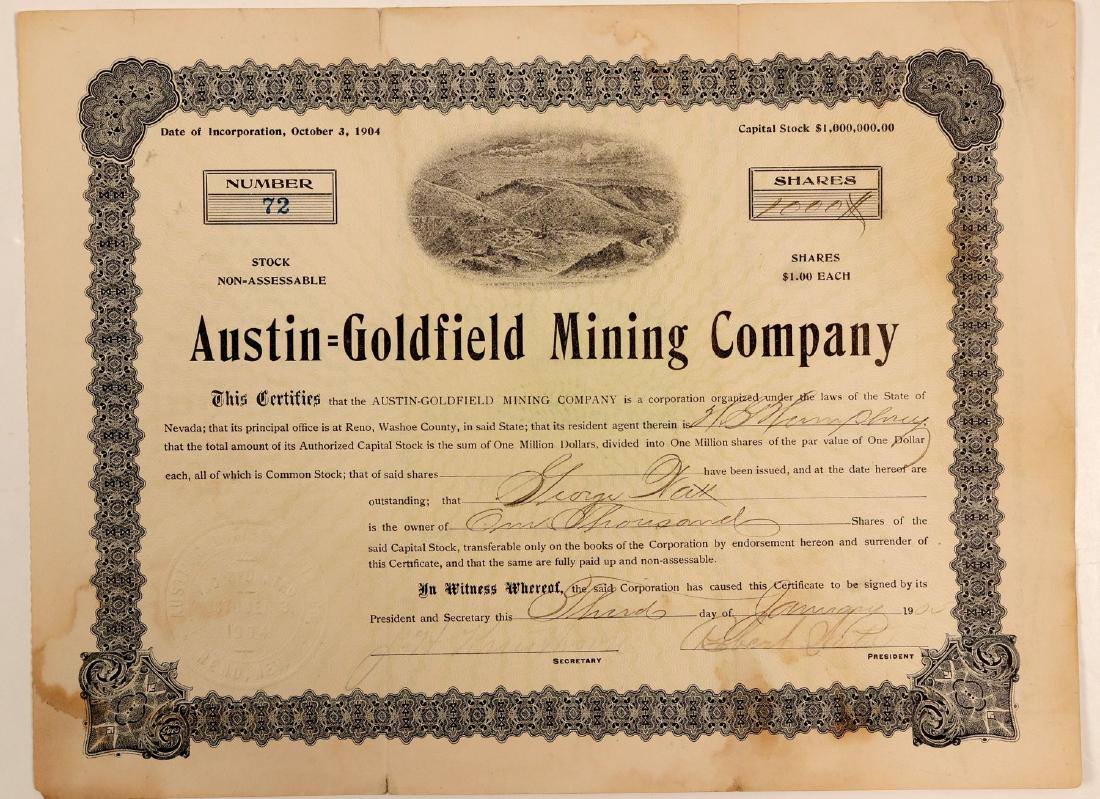 Austin-Goldfield Mining Company Stock Certificate: We've never had this before! Inc. Oct. 1904. No. 72, issued for 1,000 shares to George Watt on Jan. 3rd, 1905. Signed by president Robert Watt and secretary JH Thompson. Signed on the back by George W