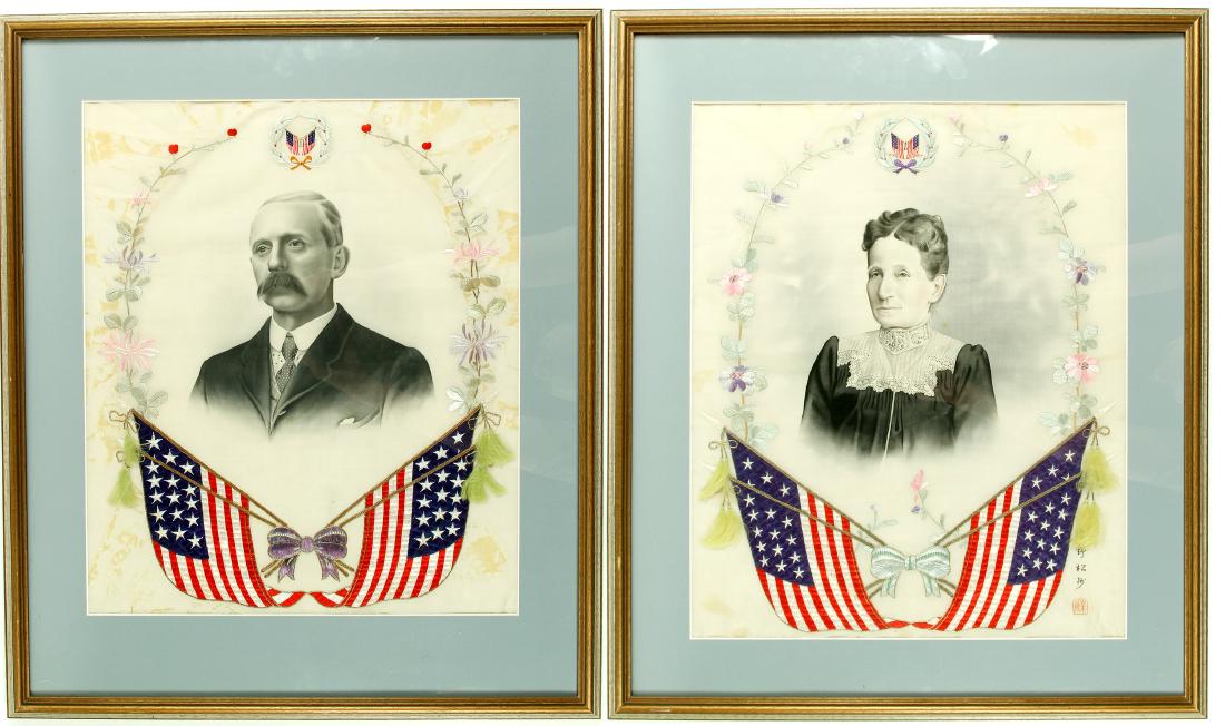 American Couple Silk Needlepoint and Portrait Prints: 2 silk prints with embroidered American flags and flowers in the style of Spanish American War. 3D tassels. Flags have 16 and 17 stars. Possibly Chinese in origin with stamp and signature. Man identif