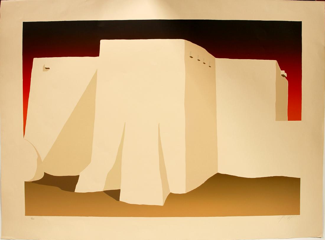 Rancho de Taos Church - Serigraph by Ron Robles: Ron Robles, born June 6, 1937 in West Los Angeles, Calif., Robles grew up in a large family, a son of a Native American mother from the Northwest and a Mexican ÃˆmigrÃˆ father of Aztec heritage. R