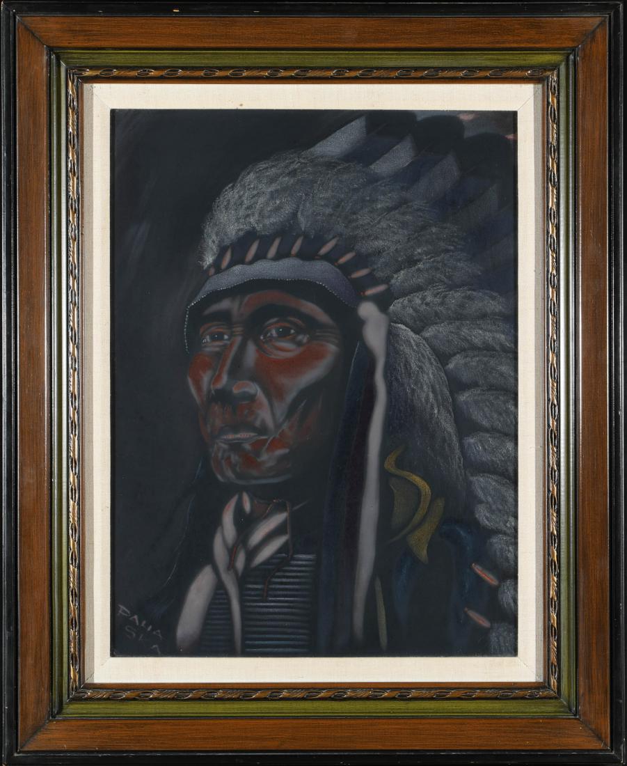 Framed Hollow Horn Bear Velvet by Ska (87875): Framed portrait of Hollow Horn Bear by Paha Ska on velvet. "Paha Ska would sit and paint in front of the "Indians" a local tourist trading post. He would pose for the tourist with his pony Kippy. The