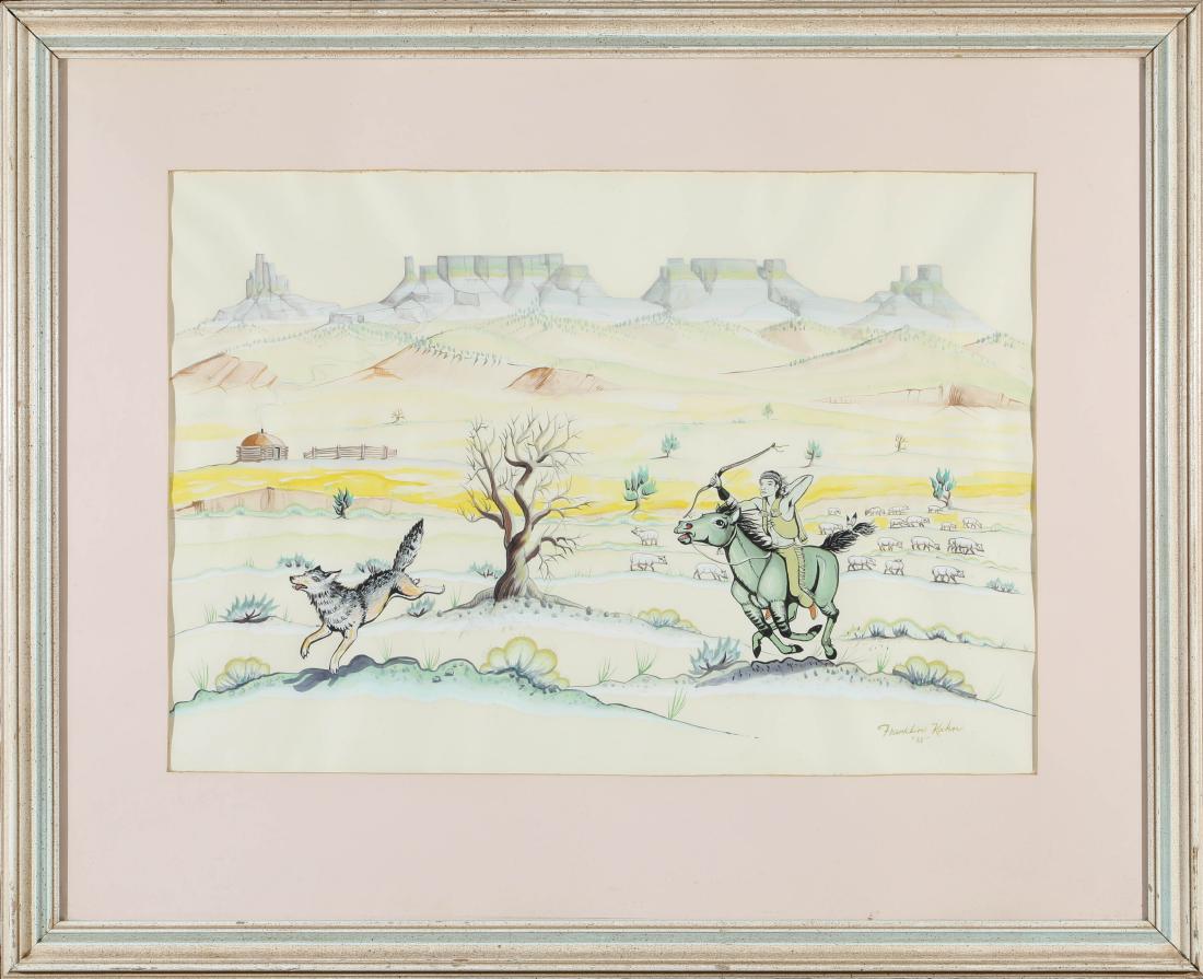 Original Native American Watercolor by Franklin Kahn: Framed original watercolor of a Native American on horseback pulling an arrow from his quiver in pursuit of a coyote. Signed by artist "55". Nice pastel colors. "Kahn was born on May 25, 1934 to the B