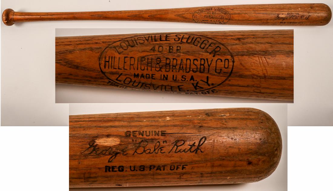 Babe Ruth Baseball Bat, Louisville Slugger (105742): Vintage Babe Ruth model Baseball bat. There is small wear above "George" in embossed signature. 3' length. Date: c1950's State/Country: Kentucky City/County: Louisville