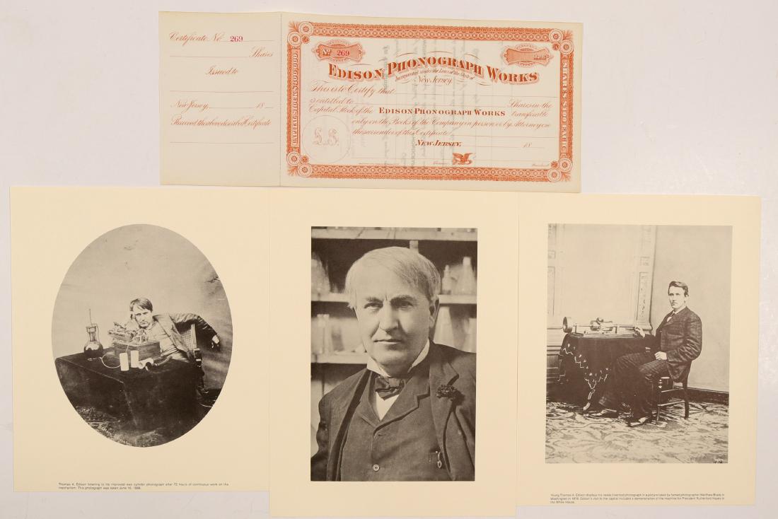 Edison Phonograph Works stock certificate (106317): Unissued stock certificate for Edison Phonograph Works. Inc in New Jersey. Printed: John B. Powers & Son, Stationers, 101 Chamber St. In 1885. Edison had lost most of his hearing, no record of how it