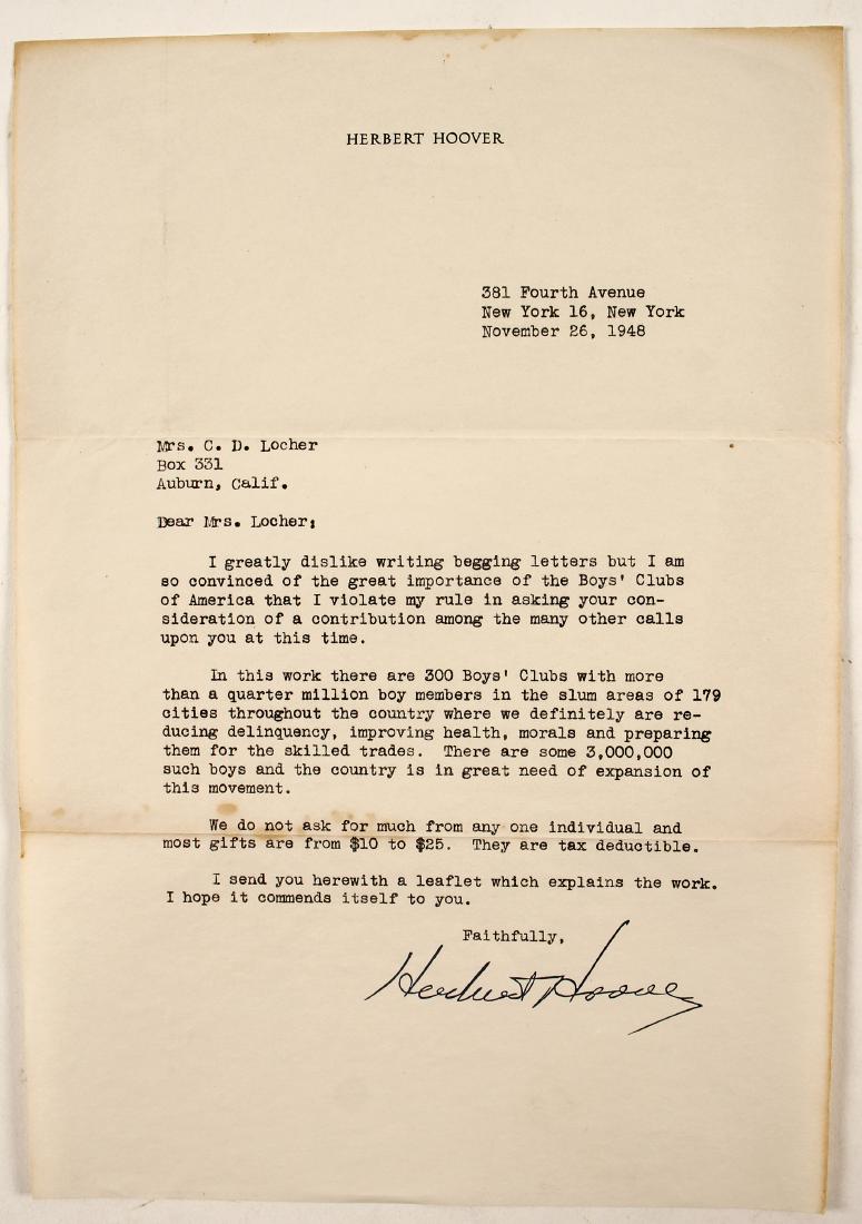 Herbert Hoover Signed Letter (88317): Letter on 10x7" Herbert Hoover letterhead dated November 26, 1948 to Mrs. CD Locher in Auburn, CA asking for a contribution to Boys Club of America. Signed Herbert Hoover who was US President 1929-193