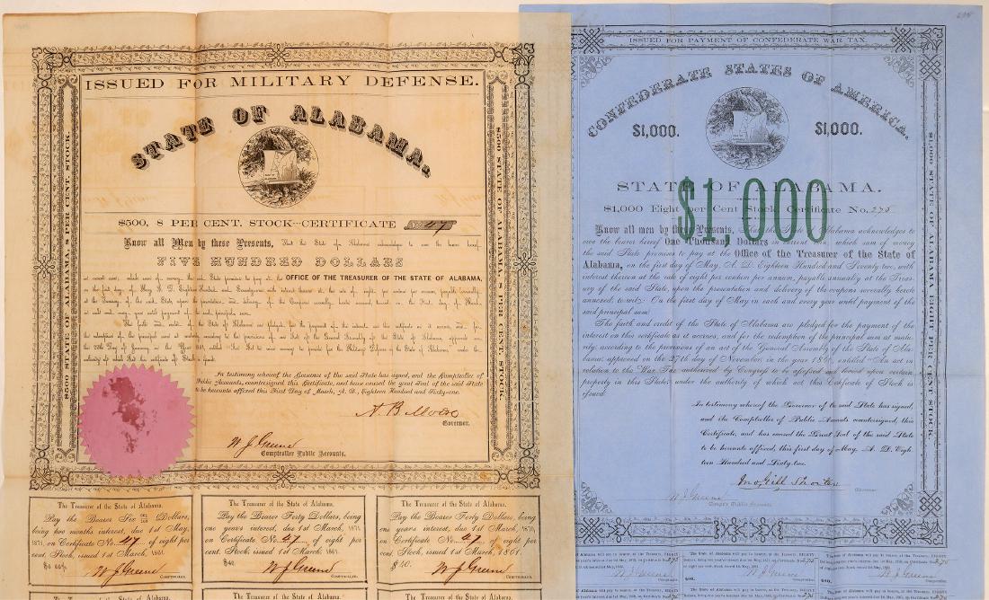 Confederate Bonds (2) (105720): Signed by Governor Andrew B. Moore, Issued for Military Defense, No. 47 in the amount of 500 Dollars, has 9 coupons attached, has pink seal intact but has slight darkening in center. Please inspect. V