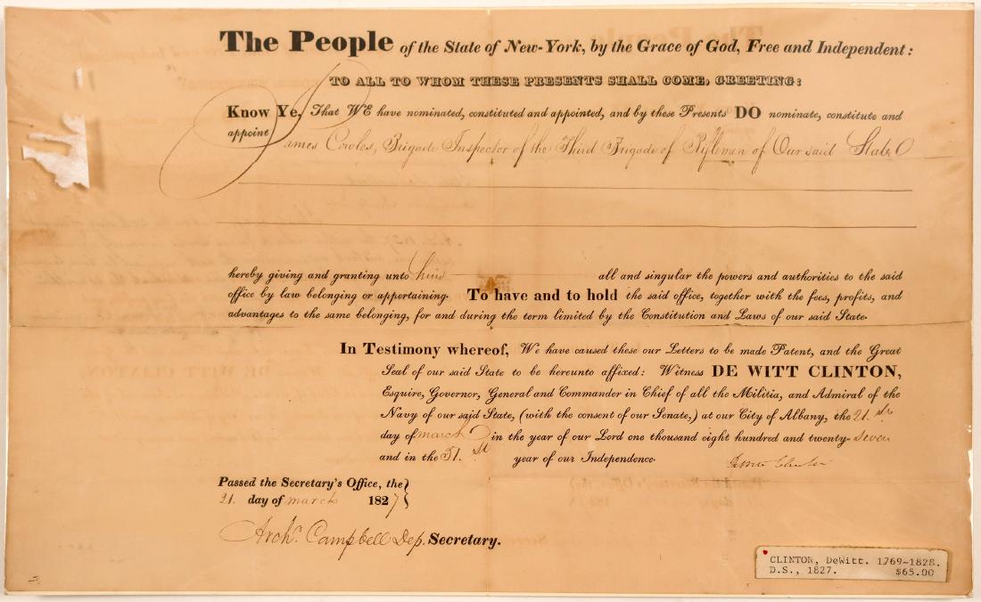 DeWitt Clinton Signature 2: Military Appointment: This is the appointment of James Charles as Brigade Inspector of the Third Brigade of Riflemen of New York. Signed by Governor DeWitt Clinton and deputy secretary Asch. Campbell on March 21, 1827. DeW