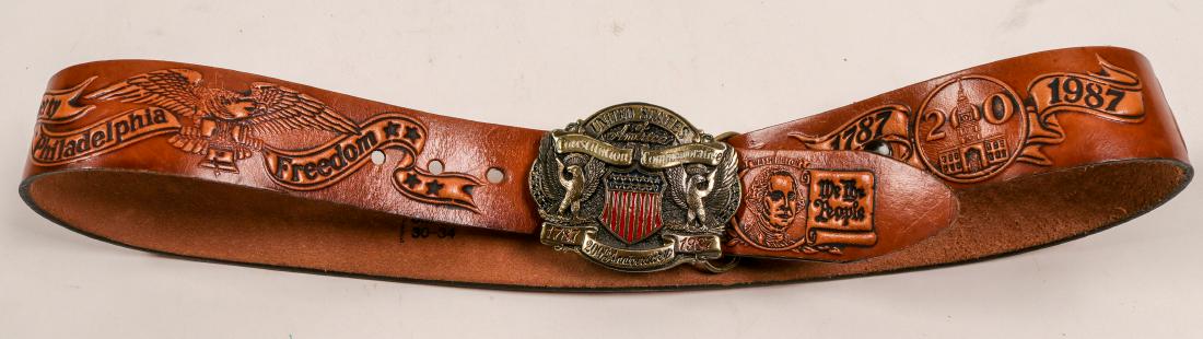 US Constitution 200th Anniversary Belt and Buckle: Heavy metal 2.5x3" buckle, 1987 USA Constitution Commemorative 1987 by the Great American Buckle Co. Stamped leather Constitution Bicentennial belt Date: State/Country: City/County: