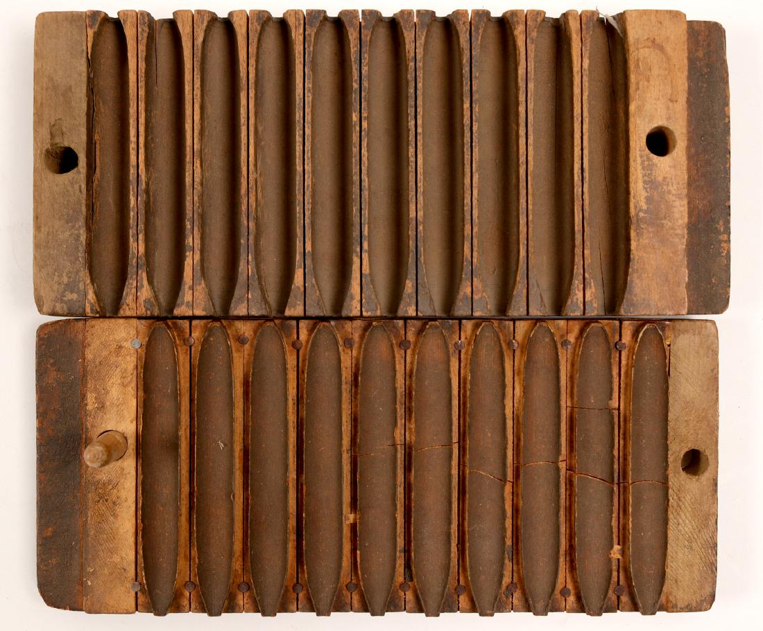 Wood Cigar Rolling Mould (106504): Possibly 19th century wood cigar rolling mould. Durex stamped on mould end. 2.5x11.75x5" Top has center crack, one pin missing. Cool item for the cigar lover. Date: State/Country: City/County: