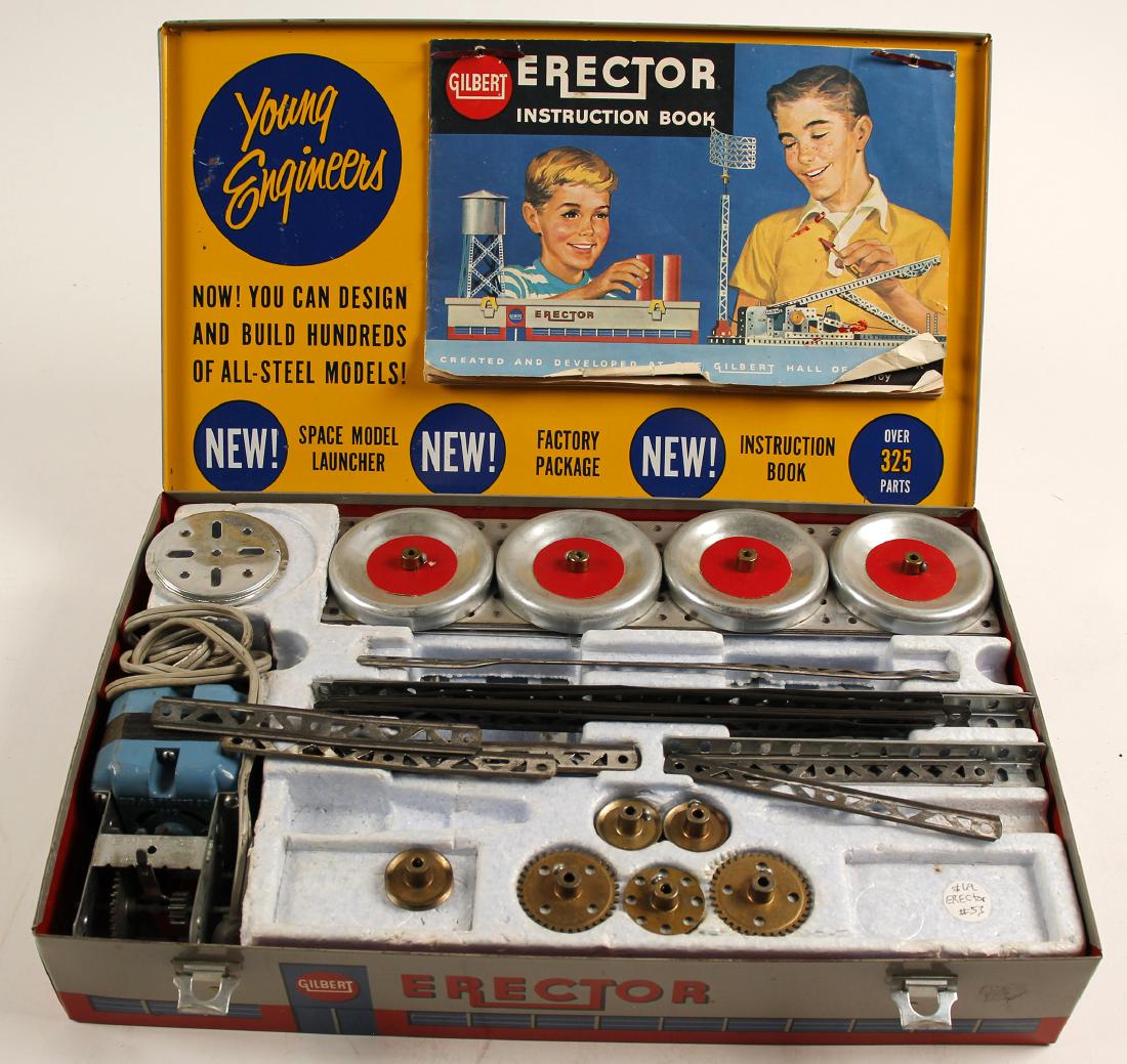 Gilbert Erector Rocket Launcher Set (57831): Vintage Gilbert, no. 10053 Erector The Rocket Launcher set. Mostly complete set. Almost all pieces are there. Comes with instruction booklet. Used, box is a bit rusted. Date: 1959 State/Country: Ohio 