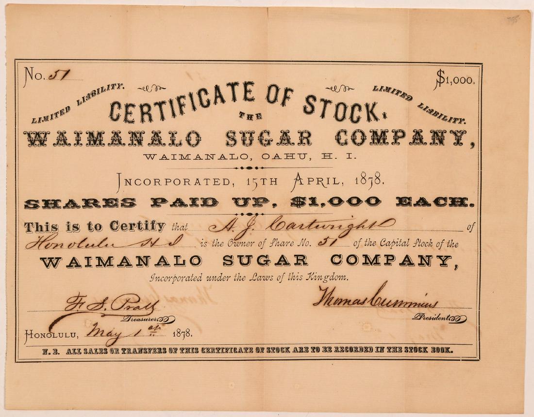 Waimanalo Sugar Company Stock Certificate issued to AJ: Extra rare and tons of Hawaii history embedded in this stock. Location printed below title: Waimanalo, Oahu, H.I. Inc. April 15th, 1878 in Honolulu. No. 51, issued for one share to AJ Cartwright on Ma