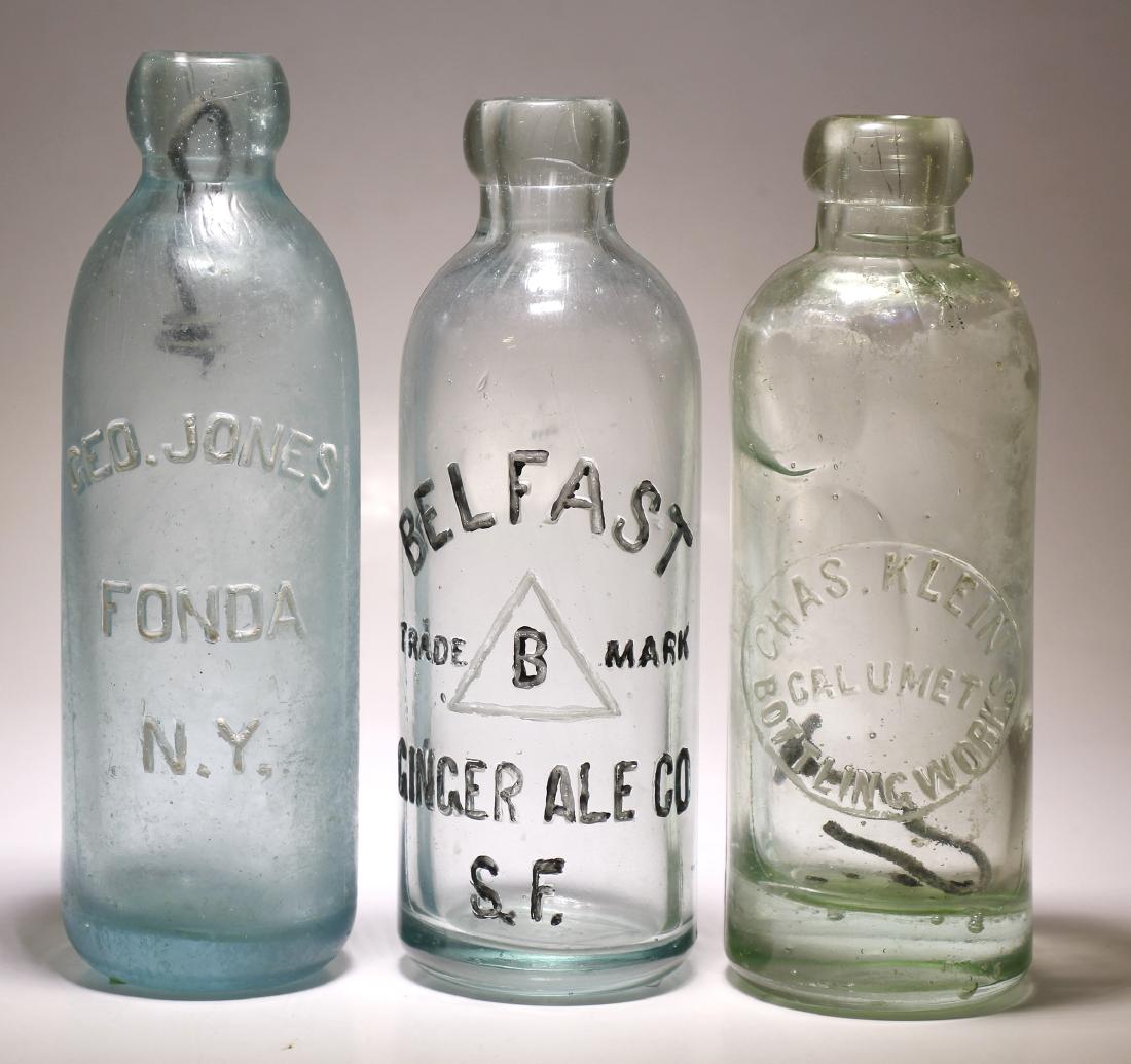 Belfast / George Jones / & Chas. Klein ( 3 Items ): Item #1 of 3: Belfast ( au ) / Trade ( Motif: Triangle with a " B " inside ) MarK / Ginger Ale Co. / S.F. // Base : Same Motif : Triangle with ' B' inside. // Aqua , hutchinson style soda. 7" tall, an