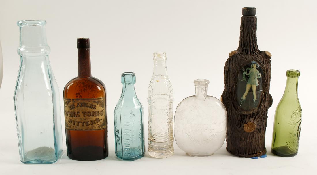 Kitchen Window Bottle Collection / 7 items (61461): Item # 1 of 7 : Embossed on the front of the bottle, in a round slug plate is: G.W. Chesley ( au) / Importer / 51 Front St. / Sacramento, Cal. // Clear, pumpkin seed, whiskey flask. 6 1/2" tall, doubl