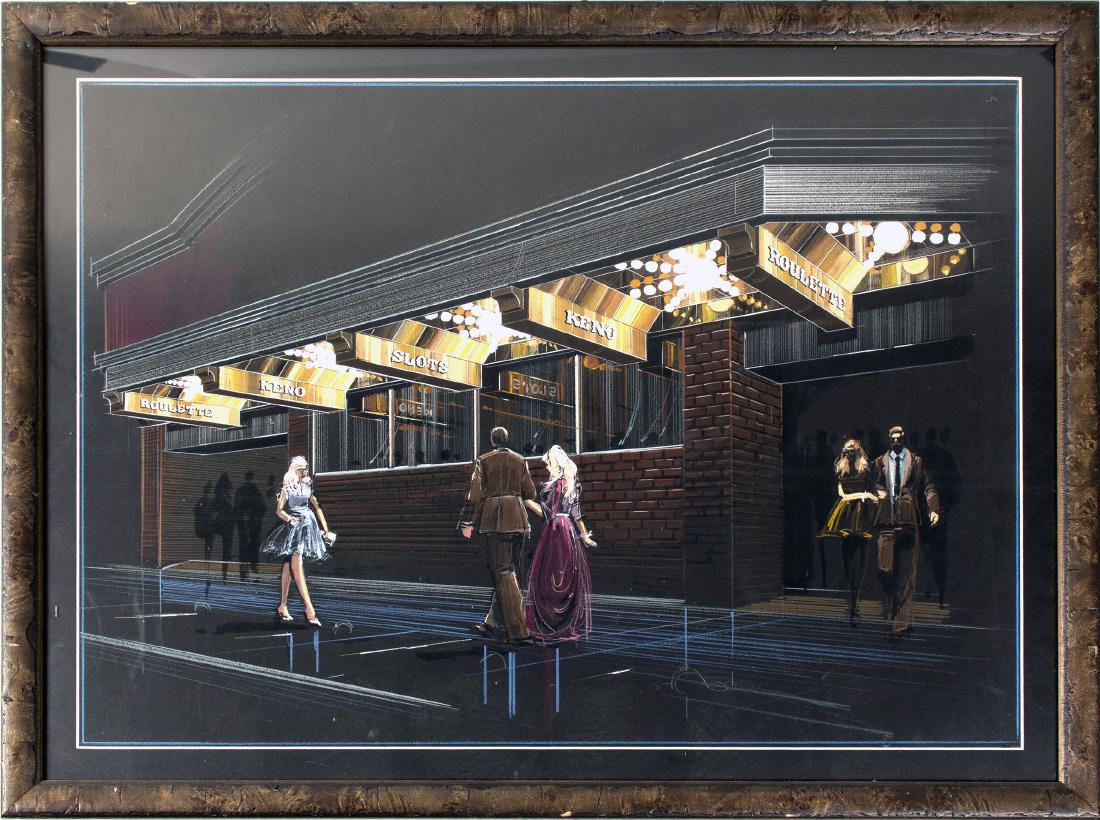 Fitzgerald's Club, Reno, NV Painting (58851): This painting/drawing on black paper is a night scene in front of the casino with the neon signs putting light onto the people. This piece is somewhat reminiscent of Edward Hopper's iconic "Nighthawks