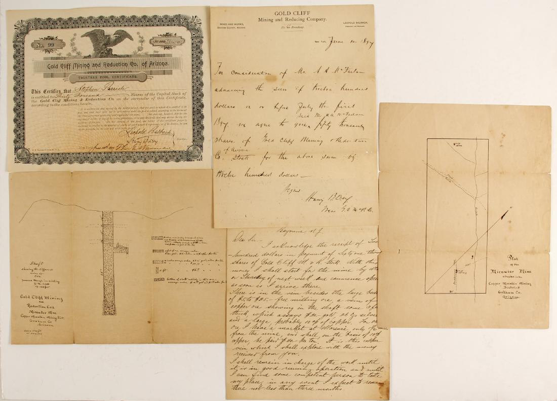Gold Cliff Mining and Reduction Company collection of: Lot of five. 1) Stock # 99 for 30,000 shares to Stephen Parrish. Signed by trustees Balbach, Day and Norman. Dateline New York 1897. Incorporated 1896. Location: Copper Mountain Mining District. Excel