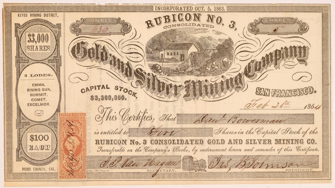 Rubicon No. 3 Consolidated Gold and Silver Mining: # 636 for 5 shares to David Bowenmaur. Signed by J. P. Van Hagan and president James B. Johnson. Dateline San Francisco February 26th, 1864. Incorporated October 5, 1863. Rubicon # 3, we sold #2 as we