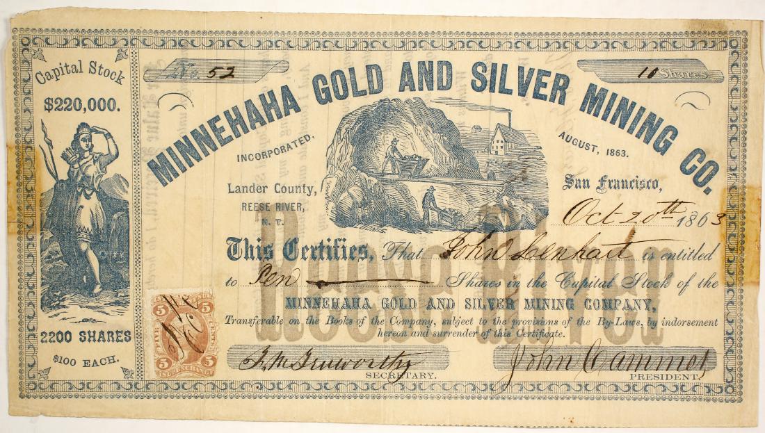 Minnehaha Gold and Silver Mining Company Stock: # 52 for 10 shares to John Lenhart. Datelined San Francisco 1863. Signed by secretary FM Truworthy and president John Cammet. Incorporated August 1863. Located at Lander County, Reese River, N. T. Gre