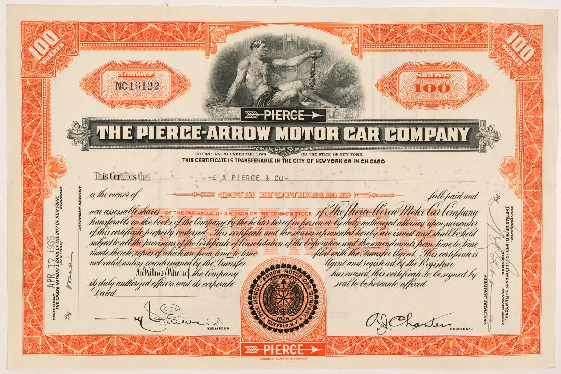 Pierce-Arrow Motor Car Company Stock Certificate: Inc. in New York. No. NC16122, issued for 100 shares to E.A. Pierce & Co. on April 17th, 1935. Printed signatures of the president (AJ Charter) and treasurer (Ewald). Not cancelled. Orange border and 