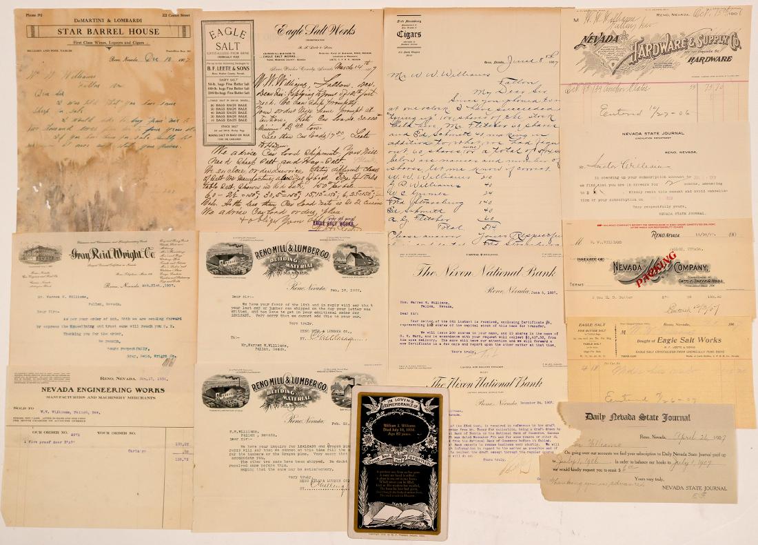 Senator Warren Williams Correspondence Group (107402): Lot of 15. Thirteen pieces are correspondence to Williams in Fallon: Eagle Salt Works, Reno, billhead (1907) and fabulous letterhead (1907); Fred Strassburg Cigars (Reno, 1907); Gray Reid Wright & Co.