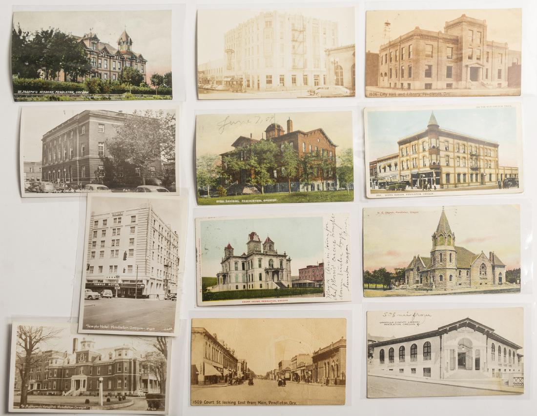 Pendleton, Oregon Postcards of Buildings (54030): Postcards are dated from 1906 to 1928. Four RPC's: St Anthony's Hospital, Pendleton Hotel (Smith), Temple Hotel (Smith) and Post Office (Smith) . Other buildings include City Hall, high school, court 
