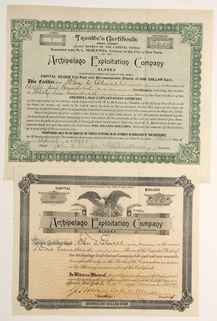 Archipelago Exploitation Company, Alaska, Stock: Lot of two 1) This is a trustee's certificate # 7 for 3,600 shares to John D Elwell. 1899. Signed by trustees John Clewell and M Muhleman. Green on white. Deposited with ML Muhleman. Some bends at the