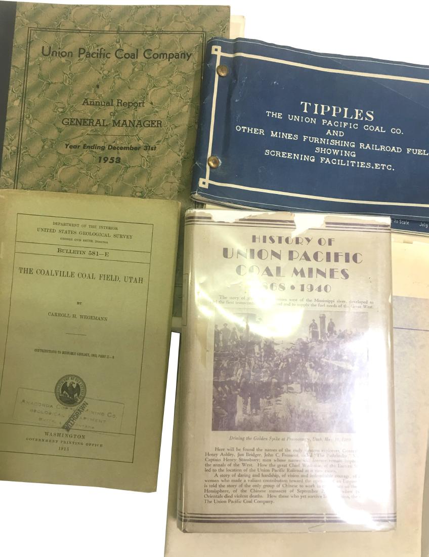 Utah Coal Mining Booklets (86658): UT coal booklets-Coalville Coal Field, History of Union Pacific Mines, bound Union Pacific blueprint form of screening facilities, original typed Union Pacific Coal Co 1953 annual report, 2 large Sout