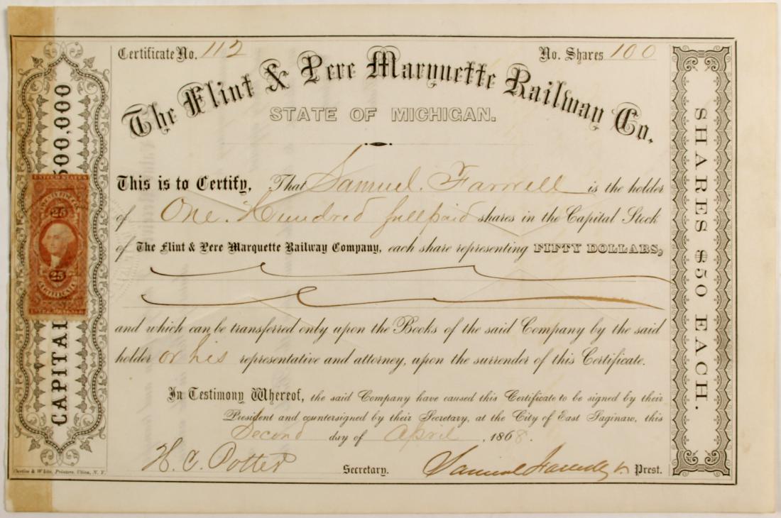 Flint and Pere Marquette Railway Stock (83247): Issued cut cancelled #112 Samuel Farrell 100 shares 1868 signed by President Farrell. 25c revenue stamp. Left toning. Prag collection. Date: 1868 State/Country: Michigan City/County: