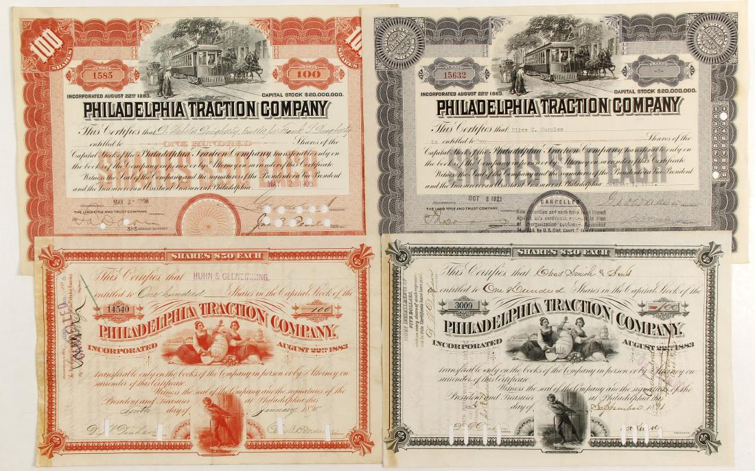 Phialdelphia Traction Co Stocks, 4 Different (84259): 4 I/C. #14540 Huhn & Glendinning 100 shares 1895, #3009 Chas Snish 100 shares 1891, #15632 Olive Supplee 2 shares 1921, #1585 Webster Dougherty 100 shares 1906. Prag Collection Date: State/Country: Pe