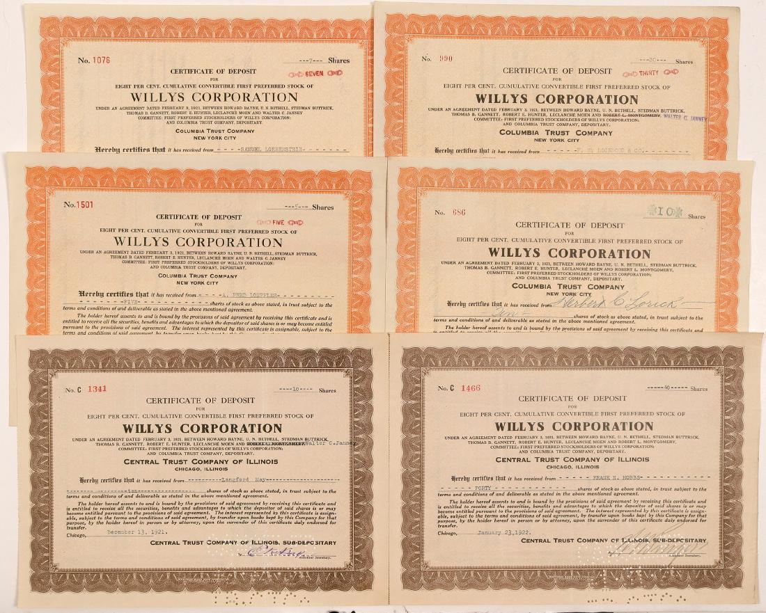 Willys Corporation Stock Certificates (103507): Lot of 6, two different varieties (brown or orange borders), issued 1921-22, signed by the asst. secretary, all punch cancelled. From 1912 to 1918, Willys was the second-largest producer of automobile