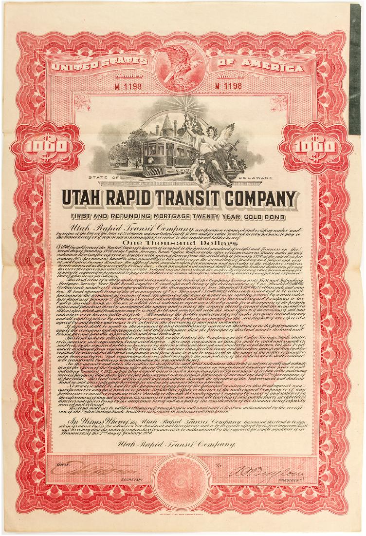 Utah Rapid Transit Co. Bond (52643): Rare $1000 6% 20 year bond, #1198. Signed by president Bigelow. Streetcar vignette and winged angel. 15" x 10.25". Red colored detail. Date: State/Country: Utah City/County: