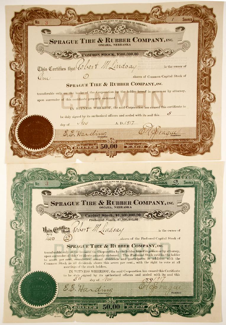 Sprague Tire & Rubber Co. Stocks(2) (79829): I/U 1917. Green #3 Robert Lindsay 2 shares, 1917, creases. Brown #3 Robert Lindsay 1 share, 1917. Signed by Sprague. Creases and chip. Date: 1917 State/Country: City/County: