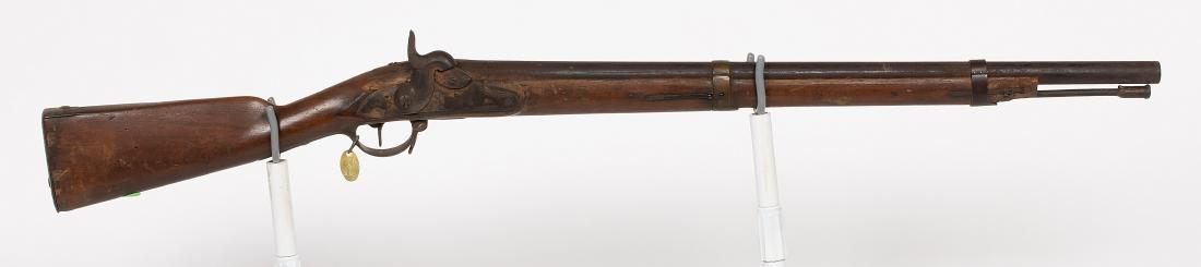 Unknown mfr. Kentucky Musket 1840s JMD-11903: Maker unknown, contract musket, about .72 cal, no front sight/rear sight, metal butt plate. This appears to have been a three-band musket reused for shotgun purposes with the sights removed. SN: 1832,