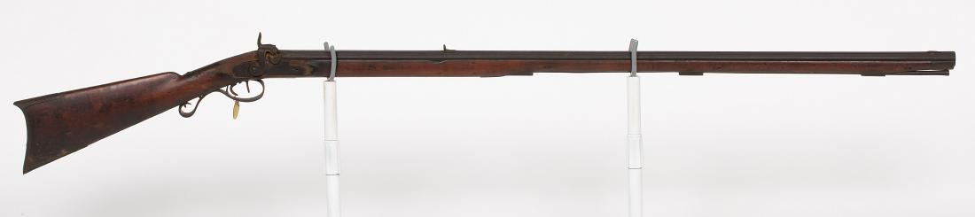 Joseph Golcher Kentucky Rifle 1840s JMD-10079: This is a full-stock Kentucky rifle with a Joseph Gulcher lock double set triggers and iron hardware trigger guard. The lock looks to be a replacement. SN: N/A, JMD Oval Tag: 9298, Condition: Poor, >