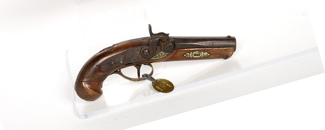 Philadelphia Derringer 1860s JMD-11276: Derringer, Philadelphia, .38 cal, 3" barrel. Engraved, brass barrel lock, checkered pistol grip. SN: N/A, JMD Oval Tag: 596, Condition: Good, >