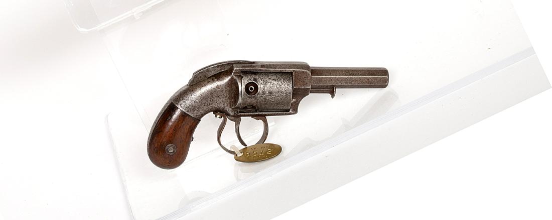 Allen & Wheel Lock Pistol 1850s JMD-11239: Pistol, Allen & Wheel Lock, Double action only 5 shot percussion pocket revolver. With streamline hammer for quick, no hammer spur hang-up retrieved. Very rare pistol. SN: N/A, JMD Oval Tag: 5512, Con