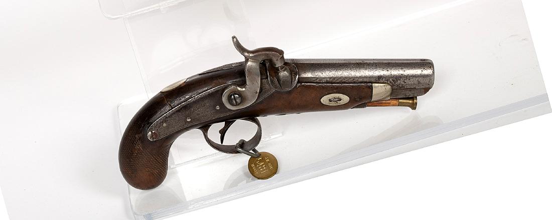 Philadelphia Pistol 1840s JMD-11214: This is an original "Derringer" marked pistol. (Note the name Derringer with only one "R". Philadelphia, Pa. in .40 cal. and a 4 in. barrel. Damage to the walnut grips. C. 1840's. SN: N/A, JMD Oval Ta