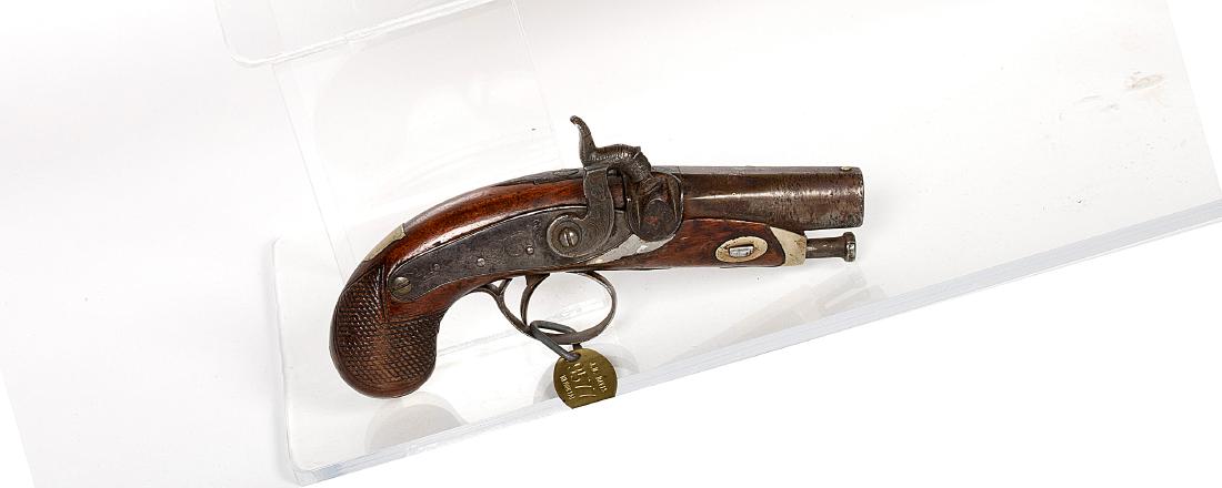Philadelphia Pistol 1840s JMD-11216: This is a derringer pocket pistol in.41 caliber marked P (in a circle) Philadelphia. 2.5 in. barrel in good condition. SN: N/A, JMD Oval Tag: 9577, Condition: Good, >