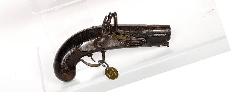 Pistol 1790s JMD-11277: This little flintlock pistol is chambered for .60 cal. A real gem of a pocket pistol about 1790's. Black Powder, ramrod, engraved side plate. SN: N/A, JMD Oval Tag: 625, Condition: Fair, >