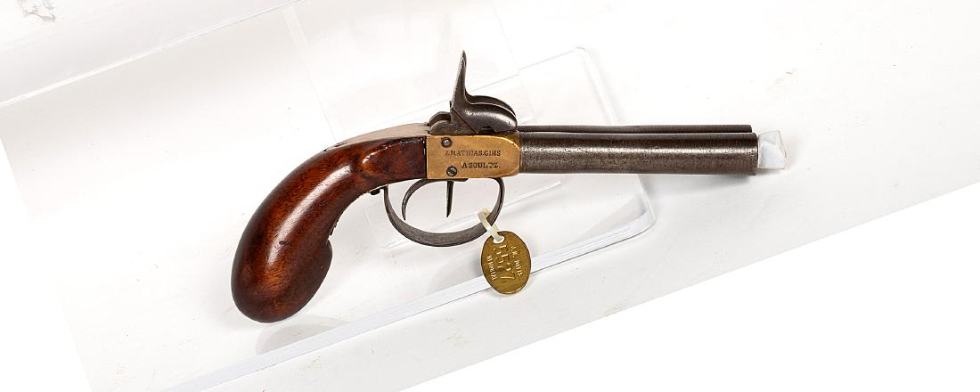 ASOULTZ Pistol, Double-Barrel 1840s JMD-11203: This pistol is marked "ASOULTZ, J. Mathias Gihs." with a 4 in. barrel. It is a SxS double barrel percussion pistol. From the 1850's. SN: N/A, JMD Oval Tag: 5527, Condition: Very Good, >