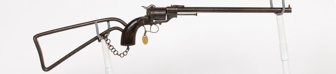 Belgian Pinfire Revolver, Carbine 1870 JMD-10963: This is a Belgian made revolver/ carbine, Pinfire cartridge black-powder in 11 mm. C. 1870's. Condition is good. SN: 1239, JMD Oval Tag: 2805, Condition: Good, >