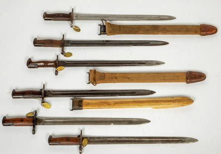 US Military BAyonets JMD-12199: Six Military Bayonets, two with meatl sheaths, one with wood sheath. 16.5" baldes. One with broken handle. All marked "US" but some marked differently than others, please inspect. JMD Tag: G767, G769,