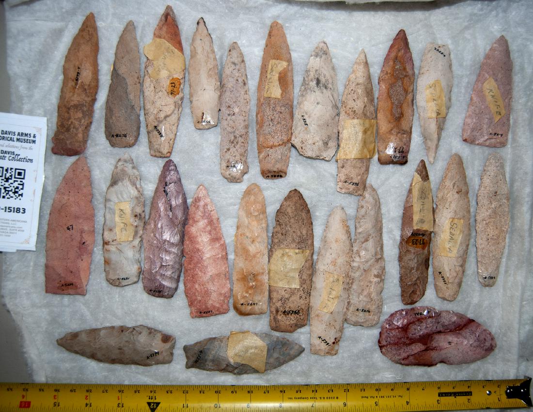 Major Chert Knife and Projectile Point Collection: Large collection of about 100 points averaging about 4" long. A significant number of them are labeled for the source, such as: Nebo Hill, Excellsior Springs, Missouri, Agate Basin Wyoming, Adena from