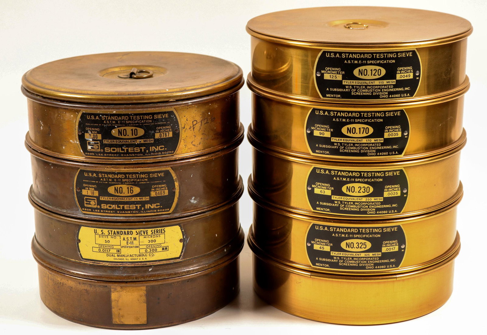 Mining Testing Sieve / Soiltest , Inc / 2 Items.: Here is a very unusual item. At first glance, it looks identical to old miners, segmented lunch boxes.!! But, they are not. Item # 1 of 2 is; A 4 section , brass U.S.A Standard Mineral Testing Sieve. 