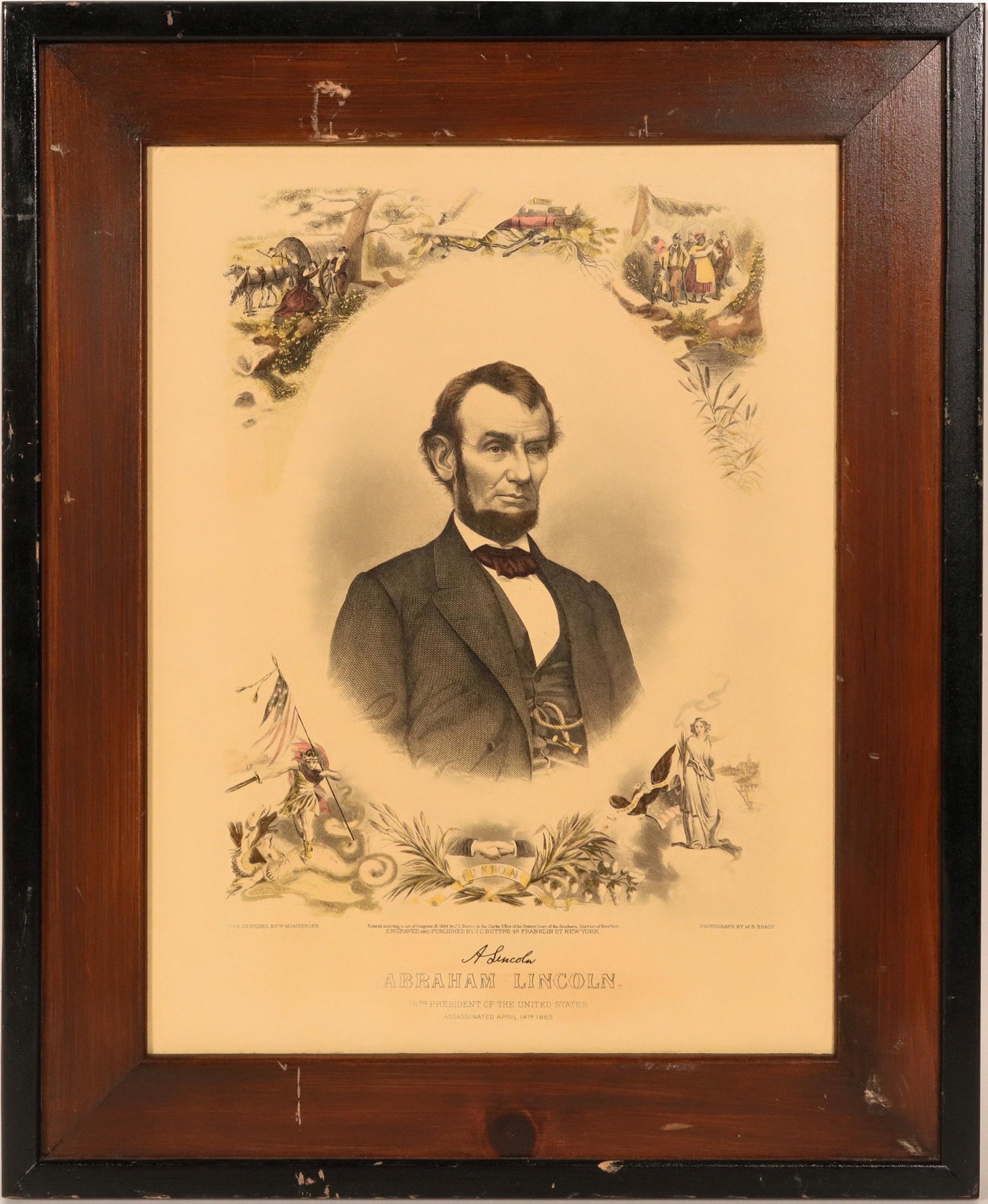 Abraham Lincoln Print by Matthew Brady/JC Buttre/W: This is a memorial print of Lincoln. Iconic. Brady, is of course, the Civil War era's most famous photographer. Engraved and published by J. C. Buttre of New York, 1864. Frame has some condition issue