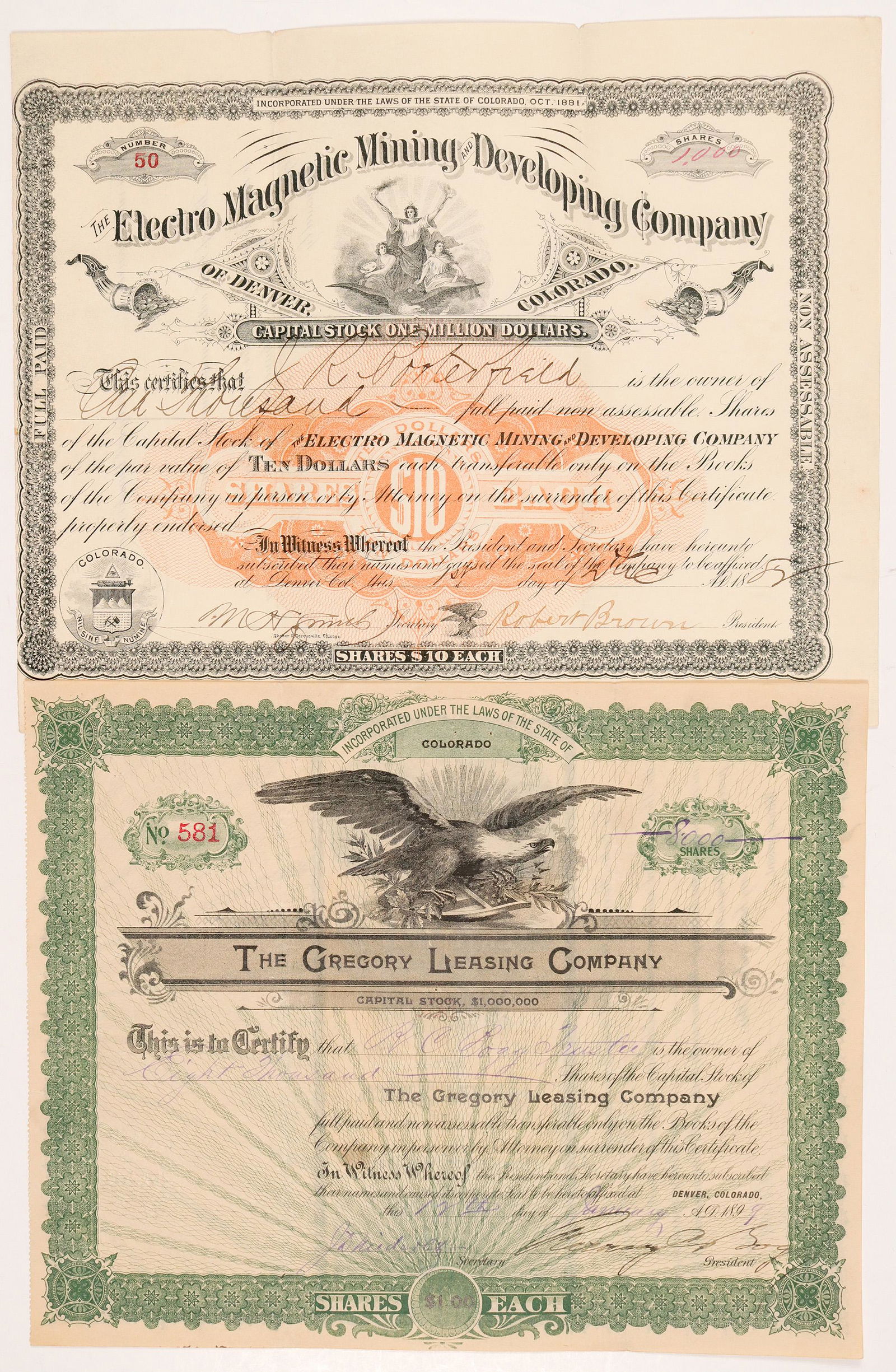 Two Colorado Mining Stock Certificates #104357: Lot of 2 different. 1) The Electro Magnetic Mining & Development Company of Denver, Colorado. No. 50, issued for 1,000 shares in 1882. Signed by president Robert Brown and the secretary. Not cancelled