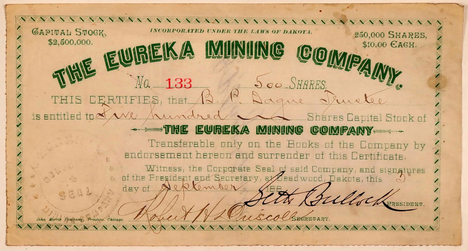 Eureka Mining Company Stock Certificate Signed by (1 of 1)