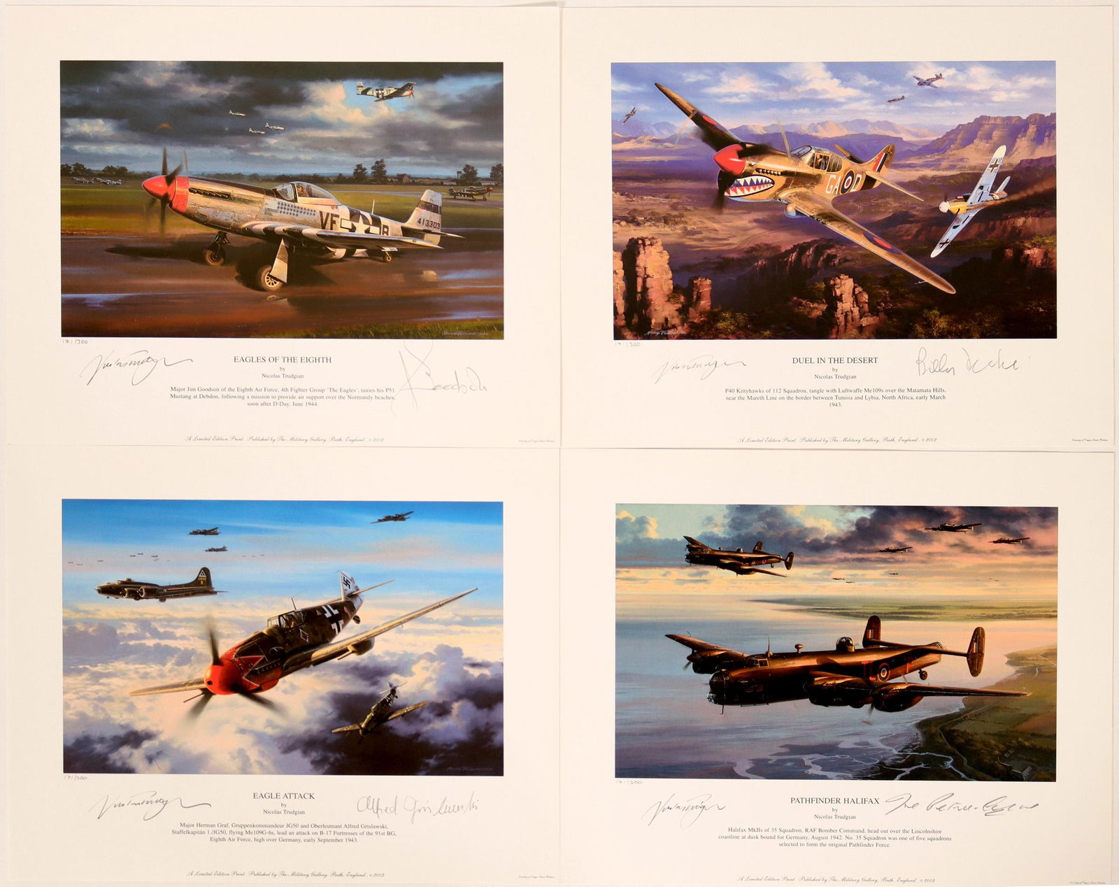 WWII Limited Edition Aircraft Prints #109445: 4 limited edition prints by Nicolas Trudgian and signed by the artist. All are in excellent condition and all are #171 of 300 printed. 1. Pathfinder Halifax. Additional signature John Petrie-Andrews 2